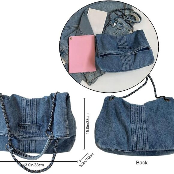 Women Denim Shoulder Handbag Retro Crossbody Bag Large Capacity Tote Purse Chain - Picture 3 of 6